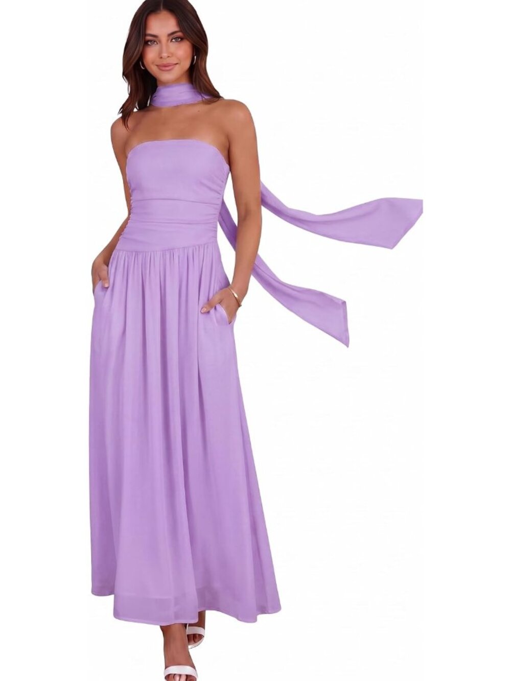 Women's Purple Strapless Ruched Elastic Waist Side Pocket Wedding Maxi Dresses